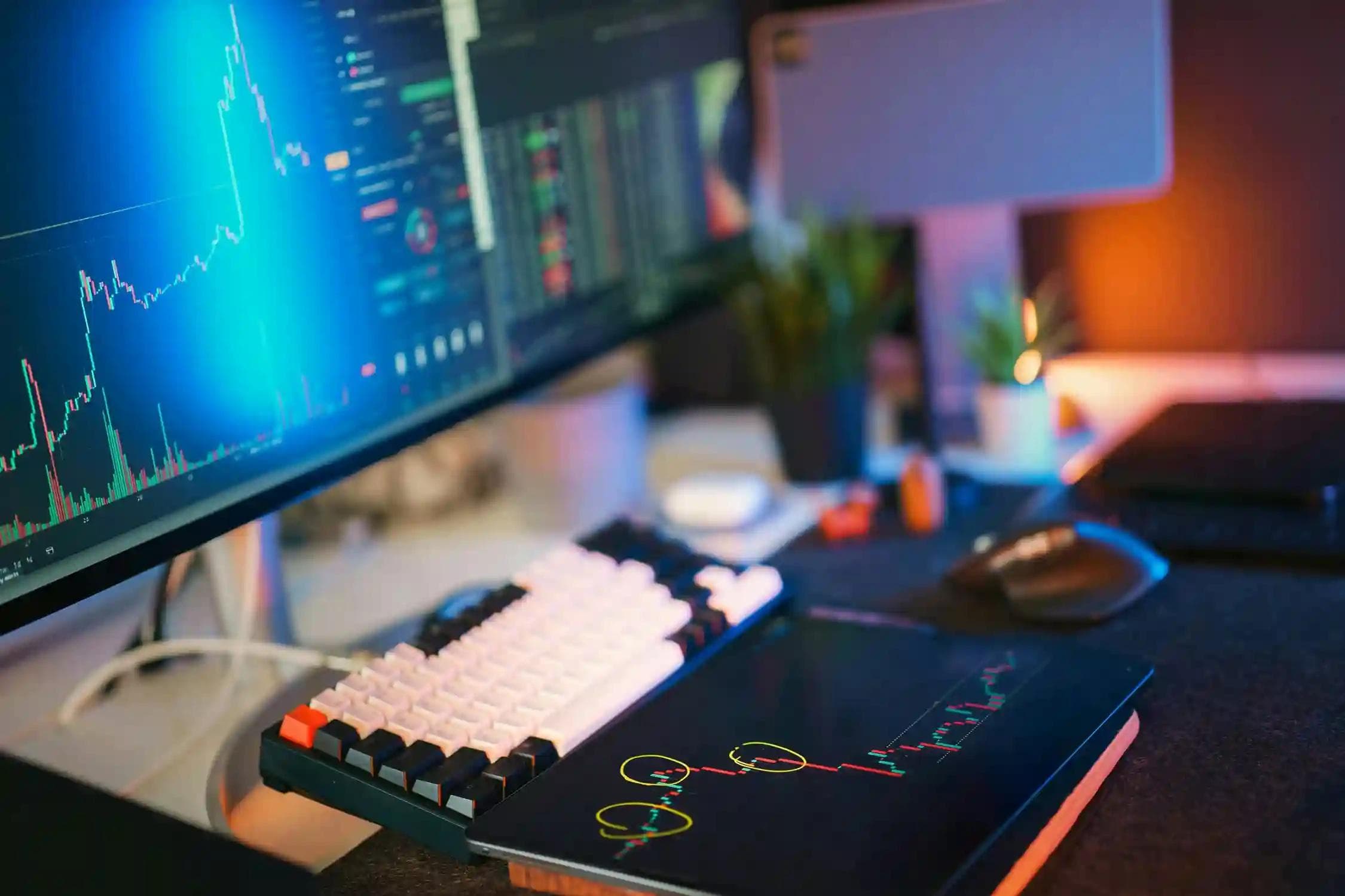 Prop firm trading workstation with live market charts and trading analysis setup
