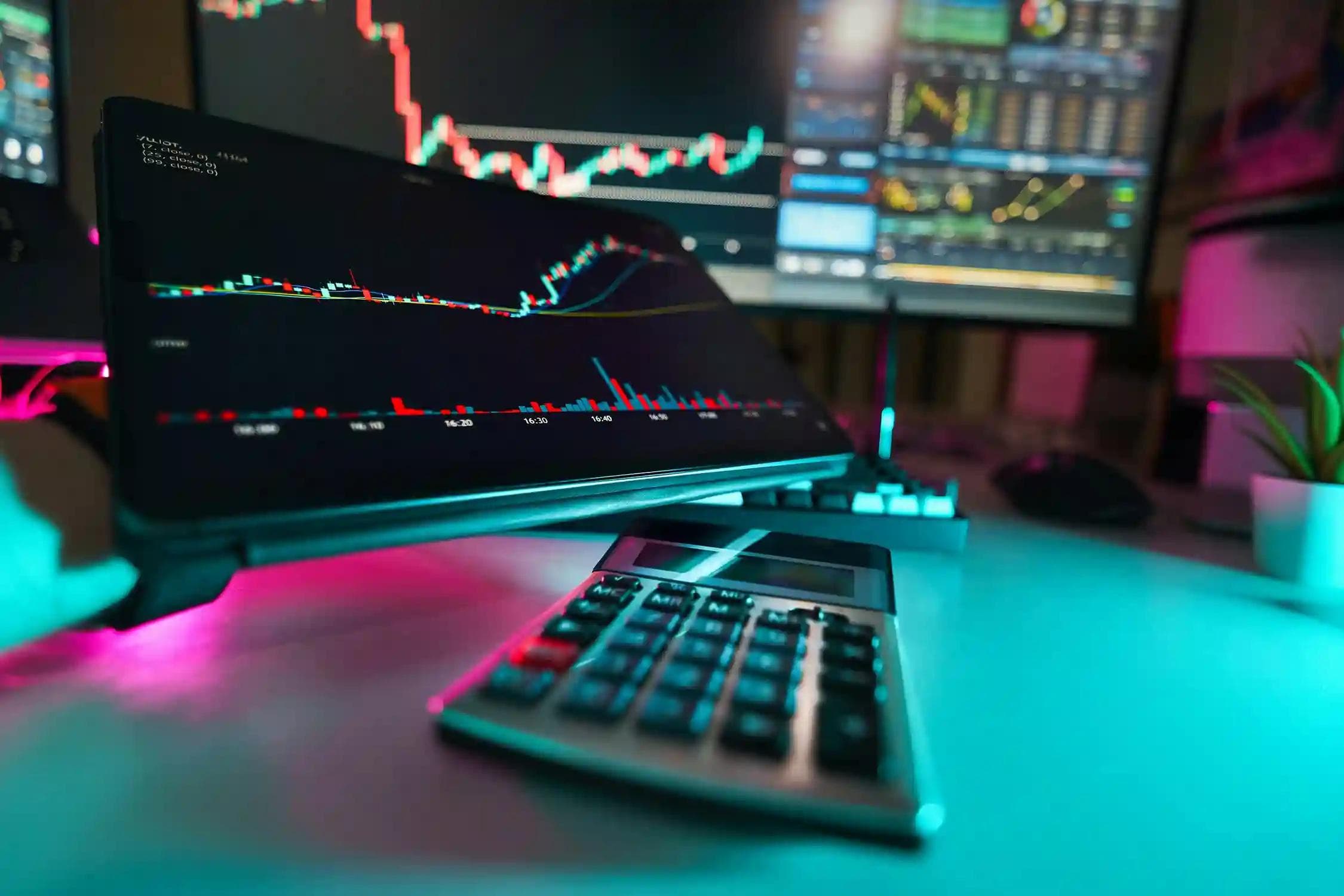 Prop firm trading desk with market analysis charts and trading calculator setup